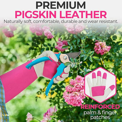 HANDLANDY Rose Pruning Gardening Gloves for Men & Women, Thornproof Long Gauntlet Gloves, Pigskin Leather - Breathable & Durability (Medium)