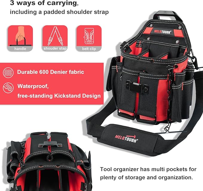 MELOTOUGH Professional Electrician Tool Pouch Bag with Shoulder Strap Tool Pouch with Belt Clip Quickly Attach and Release Tool Bag