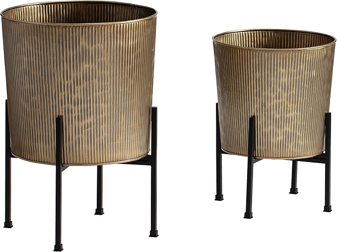 Metal Planters with Stand - Set of 2, Antique Gold (PL-GLD-SET-3002)