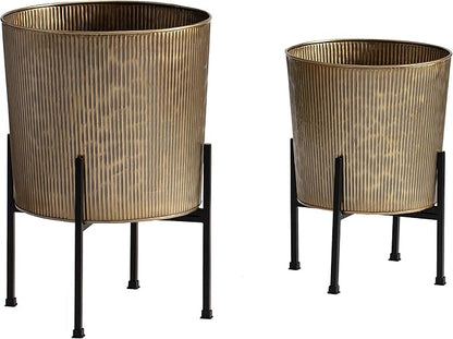 Metal Planters with Stand - Set of 2, Antique Gold (PL-GLD-SET-3002)