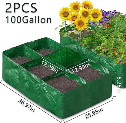 Fabric 2 Pack Fabric Garden Raised Bed with 6 Grids, Total 100 Gallon Thick Nonwoven Gardening Grow Bags Planting Container for Growing Herbs, Flowers and Vegetables