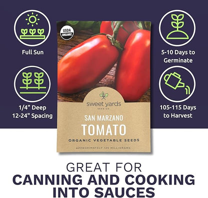 Organic San Marzano Tomato Seeds – Two Seed Packets! – Over 102 Open Pollinated Heirloom Non-GMO Seeds – Sweet Yards Seed Co.