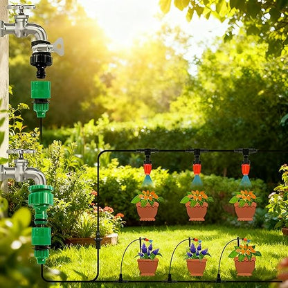 50FT Garden Drip Irrigation Kit - DIY Misting Cooling System with 1/4" Tubing & Adjustable Atomizing Nozzles for Greenhouse, Patio, Raised Beds, Potted Plants