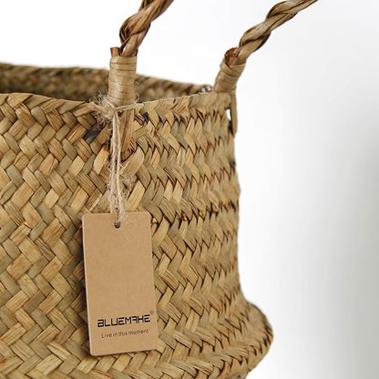 Woven Seagrass Belly Basket for Storage, Plant Pot, Laundry, Picnic and Grocery Basket with Handle (Large, Original)