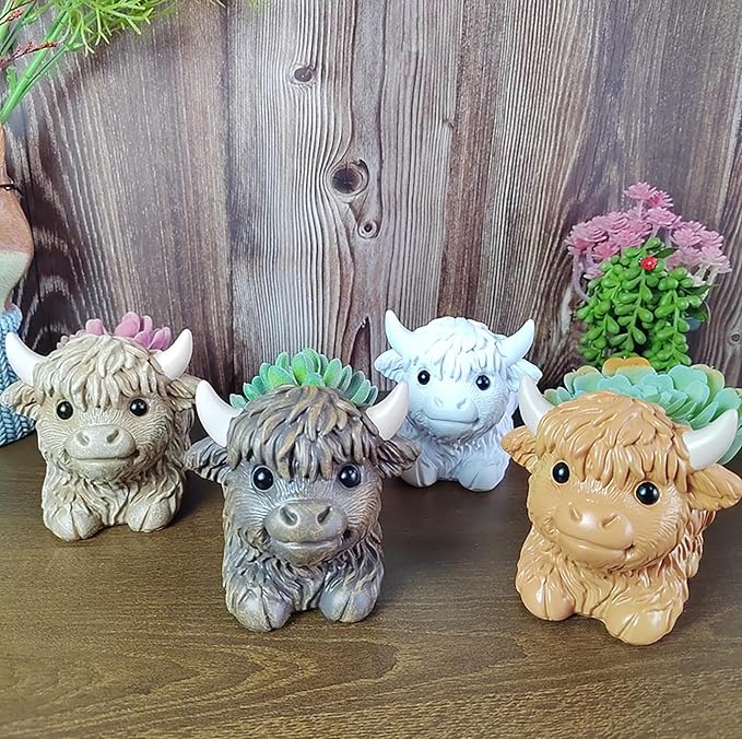 Resin Highland Cow Figurines Succulent Planters Cactus Pot Animal Flower Container Cute Scottish Highland Cow Decor Flower Pot Plants Holder Figurine Decor Calf Statues Gift for Cow Lovers (D, 1PCS)