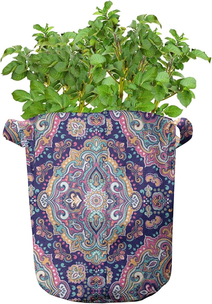 Ambesonne Ethnic Grow Bags 5-Pack, Boho Colorful Spring Garden, Heavyduty Fabric Pots with Handles for Plants, Navy Pink