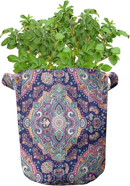 Ambesonne Ethnic Grow Bags 5-Pack, Boho Colorful Spring Garden, Heavyduty Fabric Pots with Handles for Plants, Navy Pink