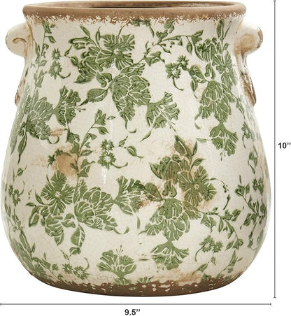 Nearly Natural 10in Ceramic Decorative Vase, Tuscan Style Green Scroll Design for Indoor Home Shelf Table Decor