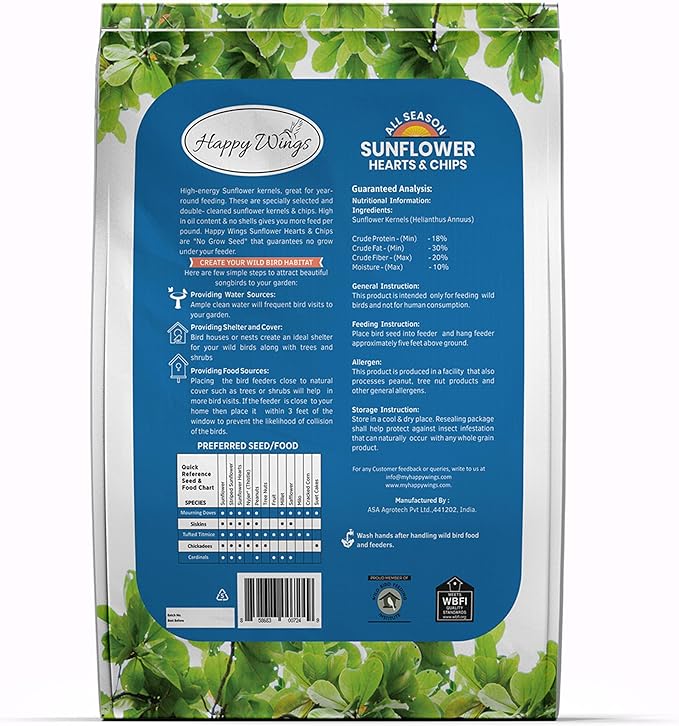 Happy Wings Sunflower Hearts & Chips Bird Food 15 lbs No Mess, No Waste Seed No Grow Formula Ideal for Wild Birds, Finches, Sparrows, and Year-Round Feeding.