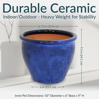 Sunnydaze Round Ceramic Planter - Set of 2 Indoor or Outdoor Plant Pots with Drainage Hole - Chalet - 12" - Imperial Blue Glaze