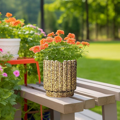 Ceramic Planter - 7.6 Inch Ceramic Plant Pots Indoor, Round Flower Pots with Drainage Hole, Fluted Decorative Outdoor Planters, Office Home Decor, Plant Lover Gifts, Yellow