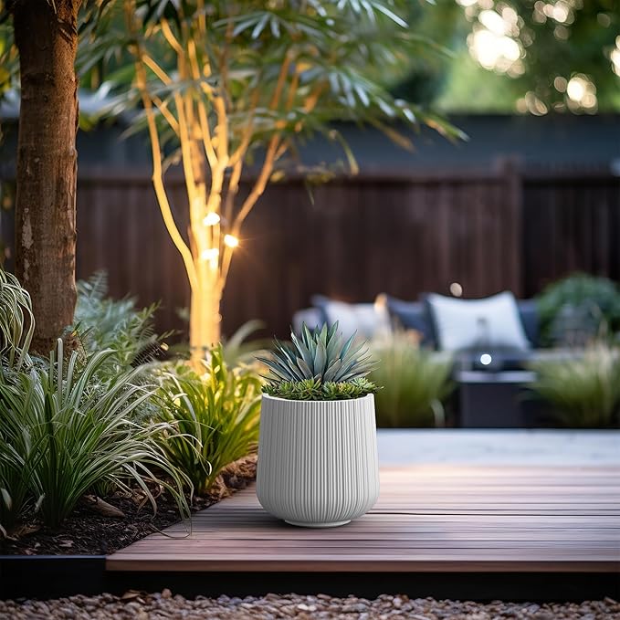 Kante 13.0" Dia Round Fluted Concrete Planter, Large Plant Pot with Drainage, Smooth White Finish with Painted Interior, for Indoor and Outdoor Use