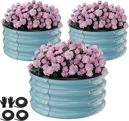 Round Galvanized Raised Garden Bed Kit, 3 Pcs 2 x 2 x 1ft Teal Blue Galvanized Garden Boxes, Outdoor for Vegetables