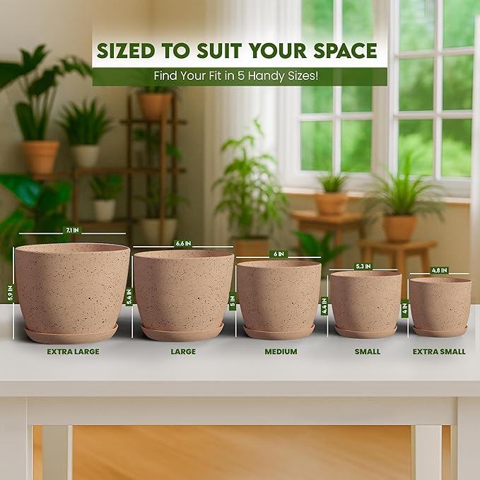 Utopia Home - Spotty Plant Pots Indoor with Drainage - 7/6.6/6/5.3/4.8 Inches Flower Pots - 5 Pack Plastic Planters - Ideal for Stocking Stuffers - (Speckled Peach Pink, Pack of 10)