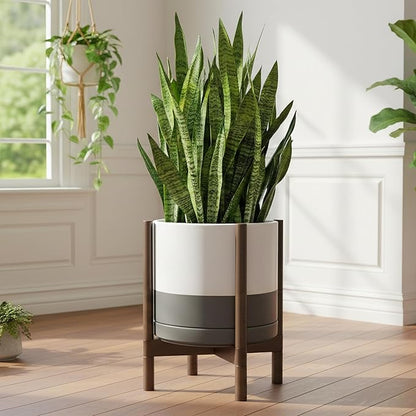D'vine Dev Ceramic Planter with Walnut Color Stand - 14 Inch Modern Round Flower Pot with Wood Planter Holder, White/Grey, 55-B-T-6