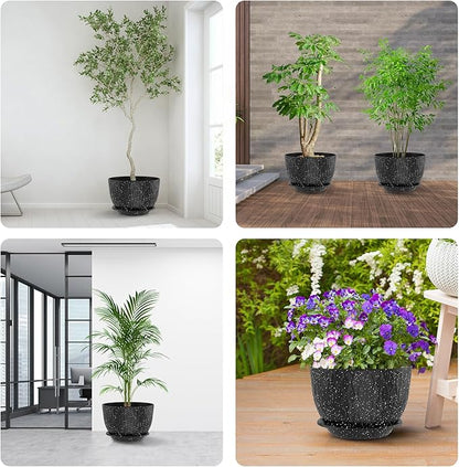 10 inch Large Plant Pots, Flower Pots with Multi-Mesh Drainage Holes and Saucer, Plastic Planters for Indoor and Outdoor Garden Plants (Speckled Black, 10")