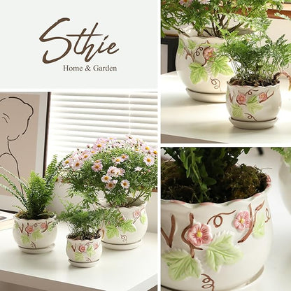 Ceramic Plant Pots with Drainage Holes and Saucers, Round Flower Pots for Indoor Plant, 3.9/5.2/6.7 Inches Small Flower Planters Set of 3