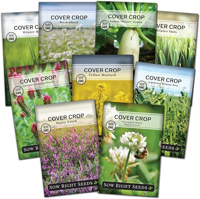 Sow Right Seeds - Cover Crop Collection for Planting - 9 Packets of Popular and Hardy Cover Crops - Suppresses Weeds, Improves Soil, Helps with Erosion - Non-GMO Heirloom Packet to Grow - Great Gift