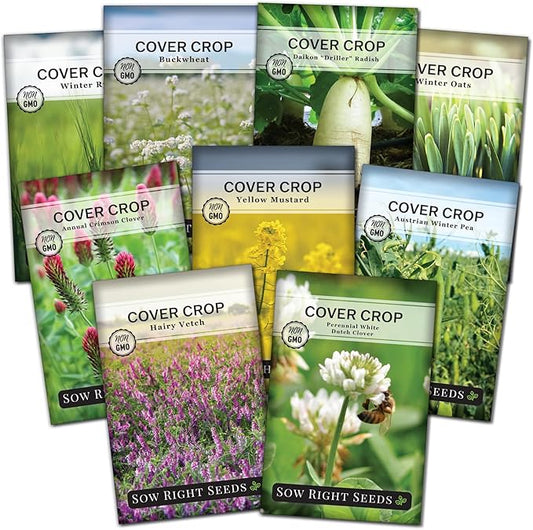 Sow Right Seeds - Cover Crop Collection for Planting - 9 Packets of Popular and Hardy Cover Crops - Suppresses Weeds, Improves Soil, Helps with Erosion - Non-GMO Heirloom Packet to Grow - Great Gift