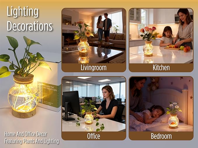 Plant Propagation Station with Light, Glass Planter Station with Waterproof Lighted Wooden Base, Desktop Hydroponic Plants Terrarium, Round Glass Planter for Home Decor & Office Decor