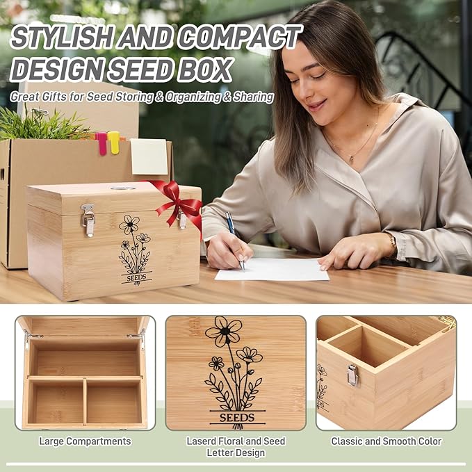 Professional-Designed Bamboo Seed Storage Box with Built-in Hygrometer, Double-Layer Airtight Lid and Safety Lock, Temperature-Stable Wooden Seed Organizer for Preservation, Great Gifts for Gardener