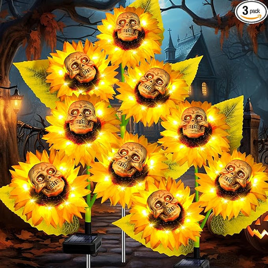 Halloween Decorations Outdoor, 3 Pack Solar Scary Skull Sunflowers Lights,Waterproof Solar Flowers Lights Garden Decor for Halloween Yard Patio Lawn Party Decor