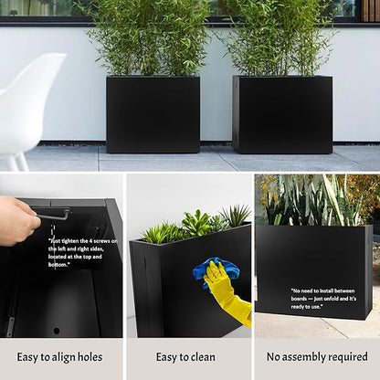 Metal Planter Box, No Installation Galvanized Steel Folding Rectangular Planter with Drainage Holes, 35.5"x 10"x 28" Black Outdoor Planter for Porch/Patio/Garden