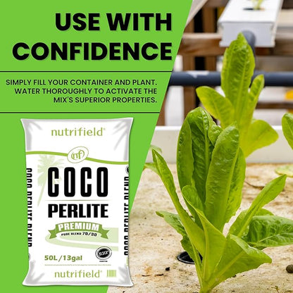 Nutrifield Coco Coir Perlite Mix, 50 Liter Bag- 70/30 Blend - Pre Buffered with Calcium, Organic Coconut Coir & Perlite for Plants - Garden Soil for Hydroponic, Indoor - Outdoor Garden & House Plant