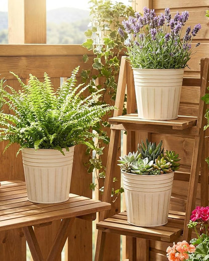 vensovo 6 Inch Beige Metal Rustic Flower Pots - 6Pcs Galvanized Planters with Drainage Hole and Rubber Plug, Rustproof Metal Bucket Plant Pots Farmhouse Vintage Style for Decor