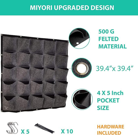 MIYORI Indi-36 Pockets Vertical -Hanging Vertical Garden Wall Planter -Decor Fence Hanger with Wall Pockets Grow Planting Plant kit pots (25 Pockets, Gray (36 Pockets)