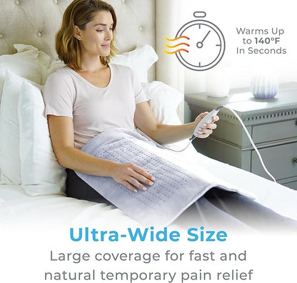 Pure Enrichment PureRelief Ultra-Wide Microplush Heating Pad - 20” x 24” XXL Size & 6 Heat Settings for Temporary Neck, Shoulder & Back Pain Relief - Moist Heat Option & Machine Washable (Periwinkle)