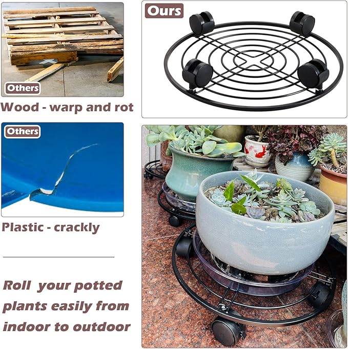 12" Metal Plant Caddy with Wheels 5 Packs Large Rolling Plant Stands Indoor Wheeled Plant Dolly Heavy-duty Pot Mover Roller Base Outdoor Plant Trolley Cart with Brake Water-proof Dust-proof, Black