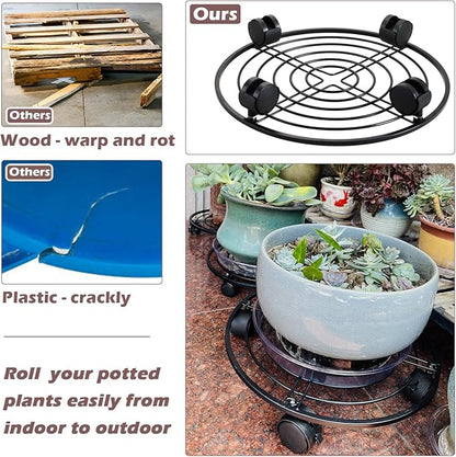 3 Packs 13.5" Metal Plant Caddy with Wheels Large Rolling Plant Stands Indoor Wheeled Plant Dolly Heavy-duty Planter Mover Roller Base Outdoor Plant Trolley Cart Water-proof, Plant Saucers on Wheels