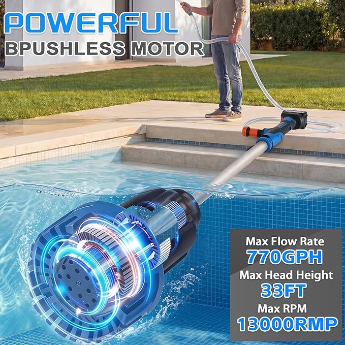 Cordless Stick Water Transfer Pump, with 2×4000mAh Batteries&Charger, 3/4" Outlet 78.7'' Hose, 770GPH 21V Handheld Water Transfer Pump for Pool/Garden/Pond/Boat/RV/Rain Barrels/Outdoor Draining