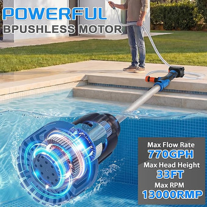 Cordless Stick Water Transfer Pump, with 2×4000mAh Batteries&Charger, 3/4" Outlet 78.7'' Hose, 770GPH 21V Handheld Water Transfer Pump for Pool/Garden/Pond/Boat/RV/Rain Barrels/Outdoor Draining
