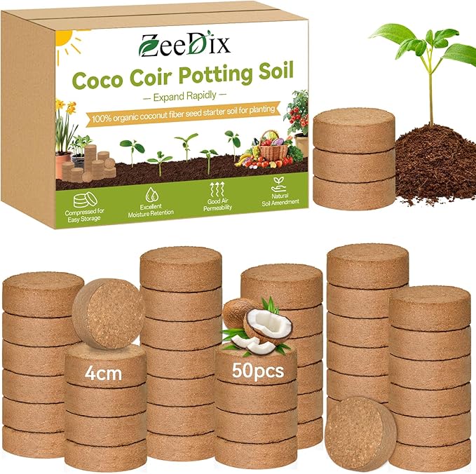 ZeeDix 50 Pack 40mm Organic Coco Coir Seed Starter Pellets, Compressed Coconut Fiber Seed Starter Soil Discs Potting Soil Mix for Indoor Outdoor Plants, Herbs Houseplants Bonsai Vegetables Flowers