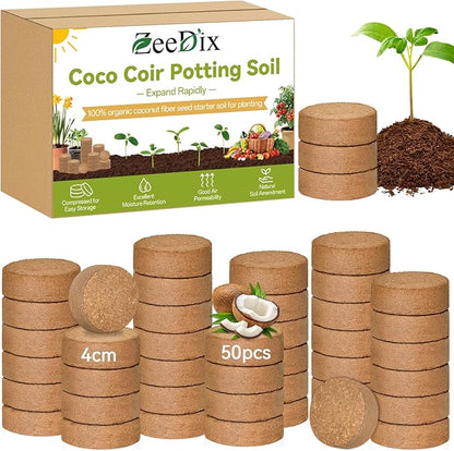ZeeDix 50 Pack 40mm Organic Coco Coir Seed Starter Pellets, Compressed Coconut Fiber Seed Starter Soil Discs Potting Soil Mix for Indoor Outdoor Plants, Herbs Houseplants Bonsai Vegetables Flowers