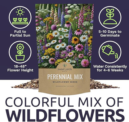 Perennial Wildflower Seeds Mixture - Bulk 1/4 Pound Bag - Over 60,000 Pure Live Seed - Open Pollinated and Non GMO