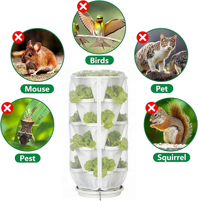 2 Pcs Vertical Plant Pot Insect Netting with Zipper, 39" x 20" Stackable Planter Garden Net Cover, 5 Tier Planter Pot Insect Bird Barrier Protection Mesh for Strawberry Herb Flower Fruit Vegetable
