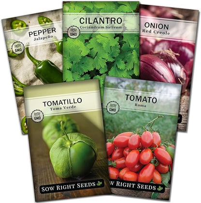 Sow Right Seeds - Salsa Seed Collection for Planting - Jalapeno, Cilantro, Roma Tomato, Tomatillo, and Red Onion - Non-GMO Heirloom Seeds with Instructions to Plant Your Own Home Vegetable Garden