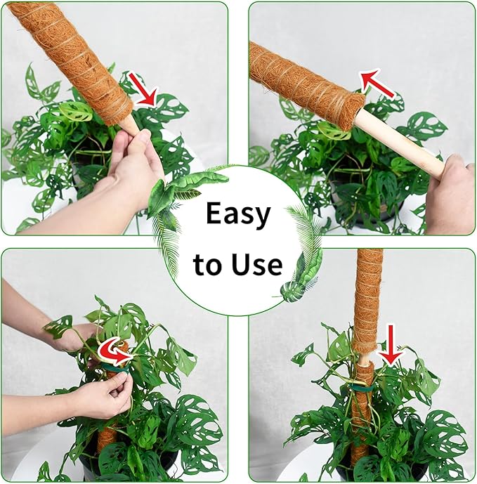 JJGoo Moss Pole for Plants Monstera,【4 Pack】 23.6 inch Plant Support Pole, Extendable Coir Totem Pole for Potted Plants Pothos,Train Indoor Climbing Plants to Grow Upwards - Extends to 74.6 Inches