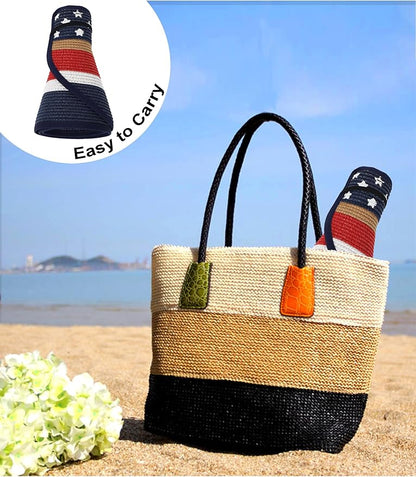 Womens Beach Straw Sun Hats Ponytail Hole Wide Brim Summer Visor Foldable Hat Sun Protection Packable for Travel Pool