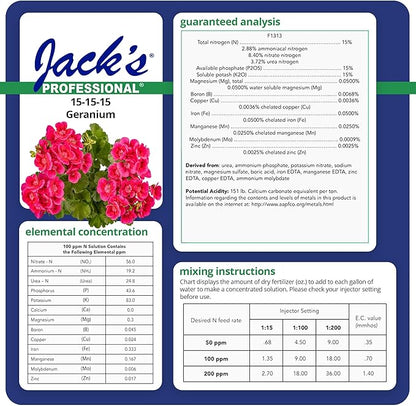 Jack's Professional 15-15-15 Geranium Water-Soluble Fertilizer with Micronutrients for Root Growth and Bud Set in Geraniums Grown in Continuous Liquid Feed Programs, 25lbs