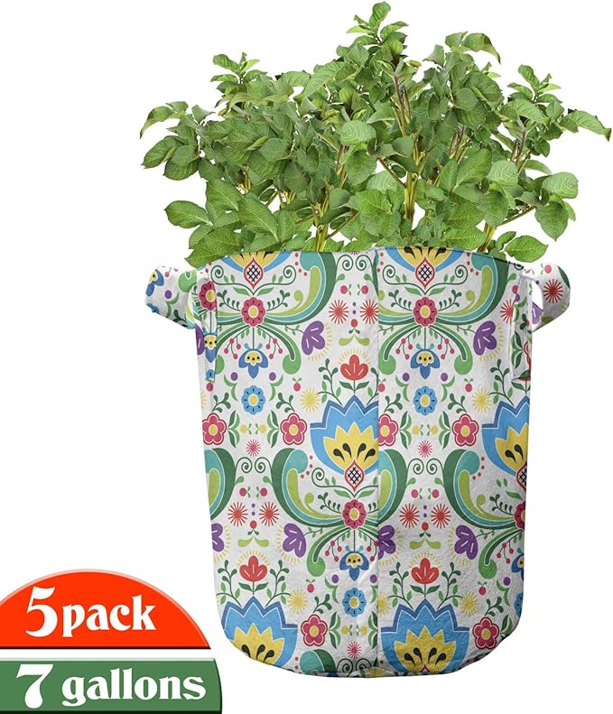 Ambesonne Norwegian Grow Bags 5-Pack, Folk Art Colorful Hues, Heavyduty Fabric Pots with Handles for Plants, Aqua Green