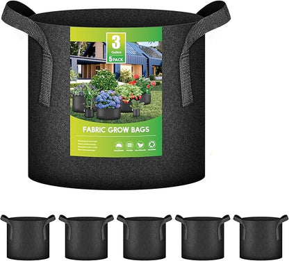 iPower 3 Gallon Heavy Duty Thickened Aeration Grow Bags Nonwoven Fabric Pots with Strap Handles Container for Gardening, 5-Pack Black