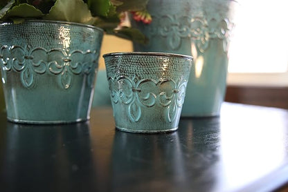 Robert Allen MPT01887 Fluer De Lis Series Metal Planter Flower Pot, 4", Color Surf Blue