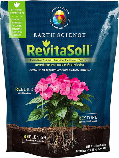 Earth Science RevitaSoil, 4 lb - Organic Soil Revitalizer - Earthworm Castings (Worm Castings) Plus Natural Nutrients & Biology - Grow 3X More, Amendment for Gardens, Potted Plants, Raised Garden Beds