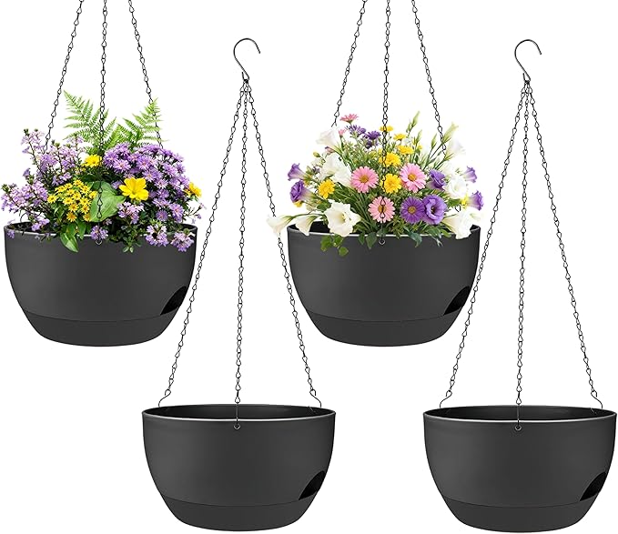 Set of 4-8 Inch Self Watering Hanging Planters for Indoor Outdoor，Hanging Plant Pots with Drainage & Removable Tray, Hanging Pots Holder for Ivy, Pothos, Ferns, Balcony & Patio, Black