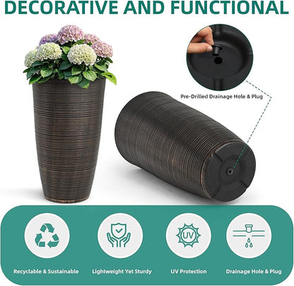 23.5"H Tall Pot Planters, 2-Pack Taper Large Flower Pots for Indoor Outdoor Use, UV-Protect PP Plant Container for Garden Patio Yard Balcony Porch or Home Decor, Bronze Vertical Stripes Texture