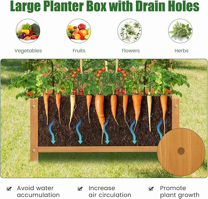 HAPPYGRILL 2 Pcs Raised Garden Bed, 71" Wooden Planter Box with Trellis, Drainage Holes, Freestanding Elevated Garden Bed for Vine Climbing Plants (Yellow)